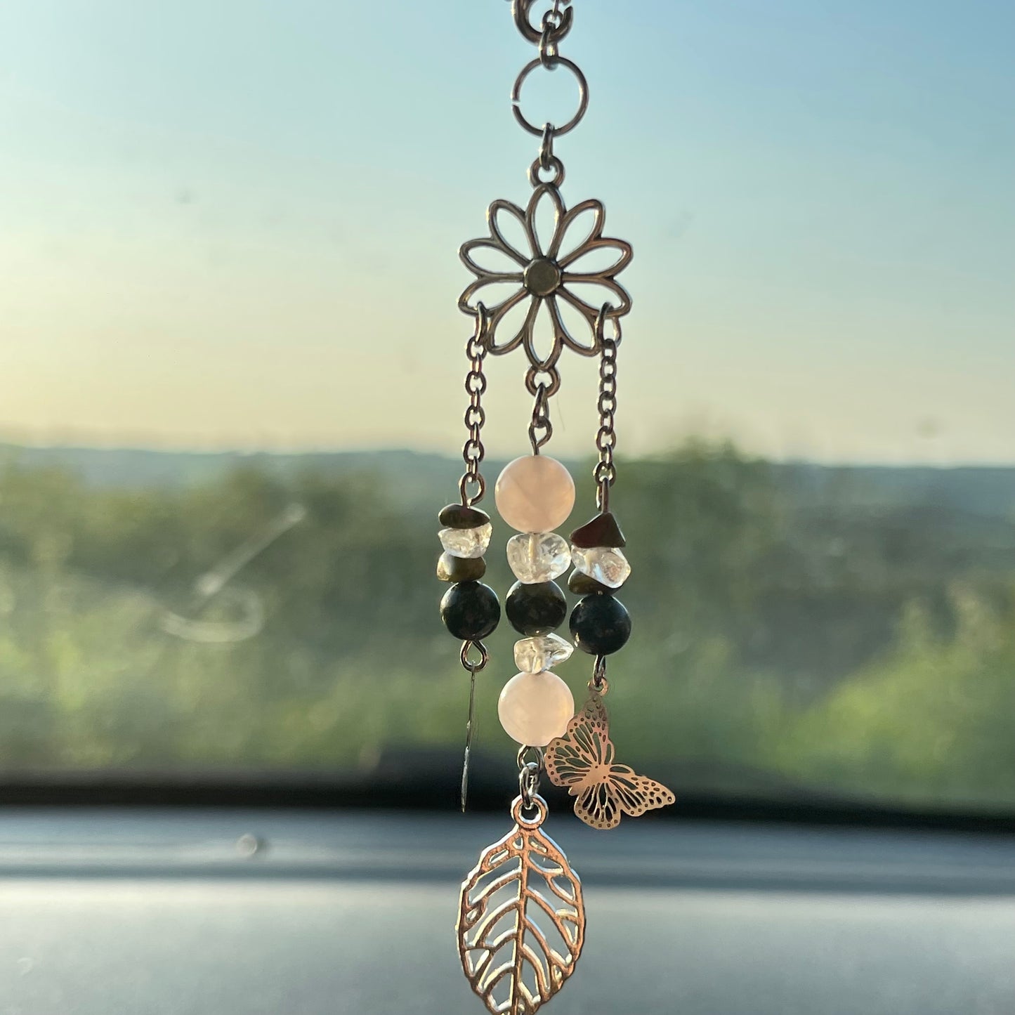 balance car charm - moss agate, unakite, rose quartz & clear quartz