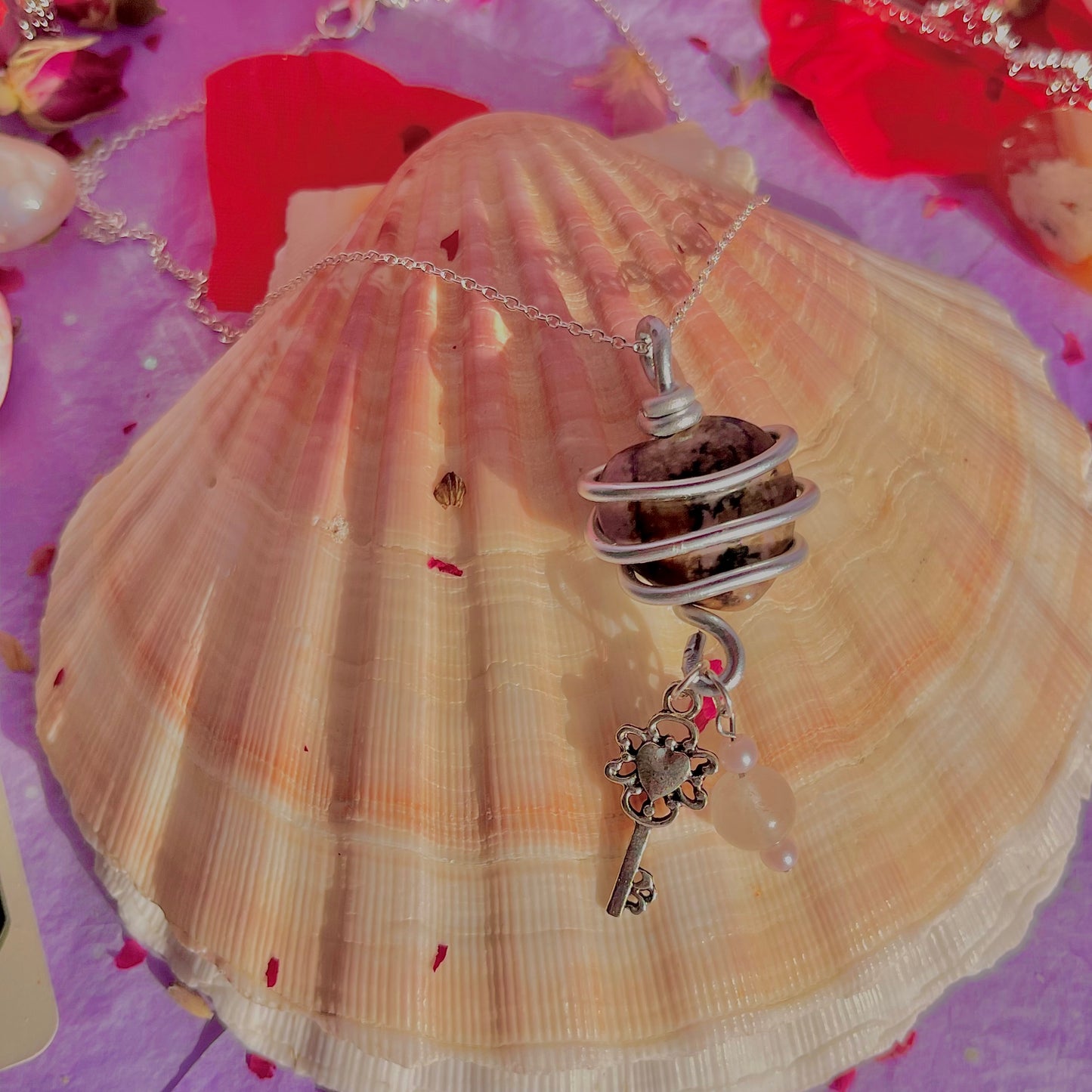 wrapped around my heart necklace sterling silver plated 18 inch chain ~ rhodonite, morganite with faux pearls