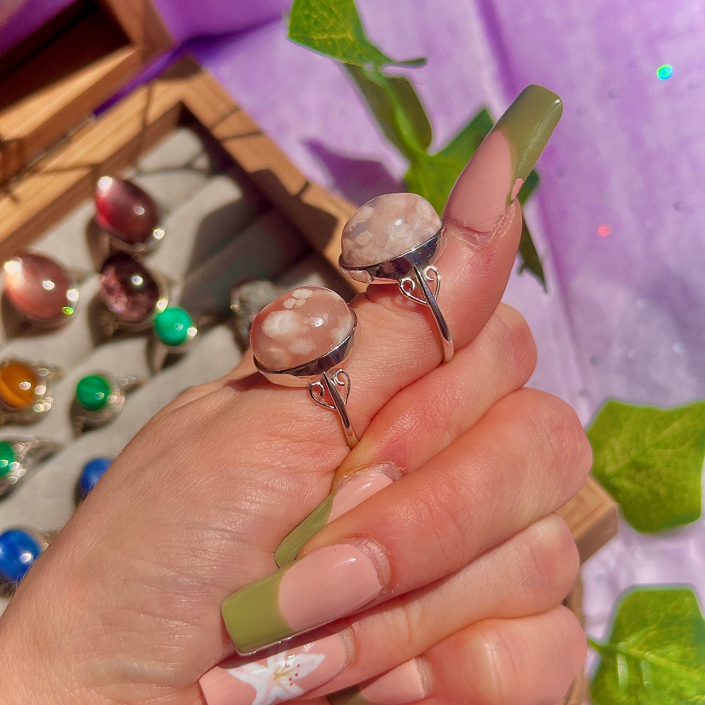 flower agate 925 sterling silver adjustable ring