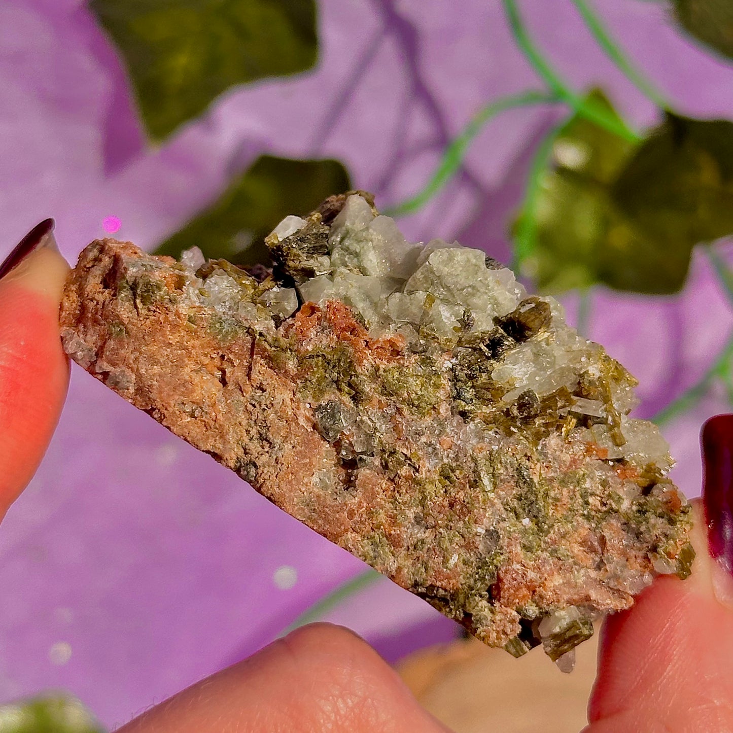 spécimen d'épidote de forêt avec quartz et grenat