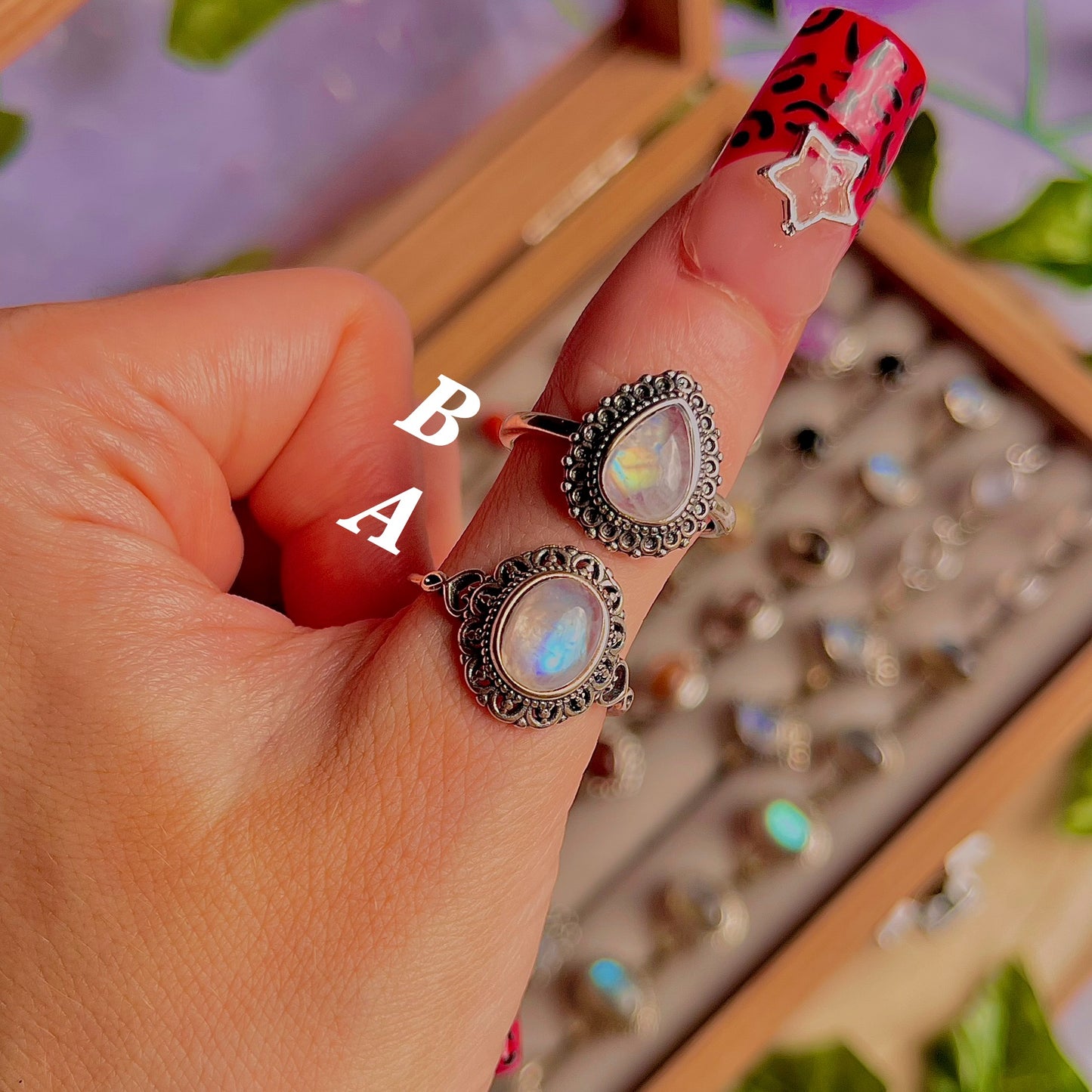 rainbow moonstone style C ~ 925 sterling silver adjustable rings / choose your own