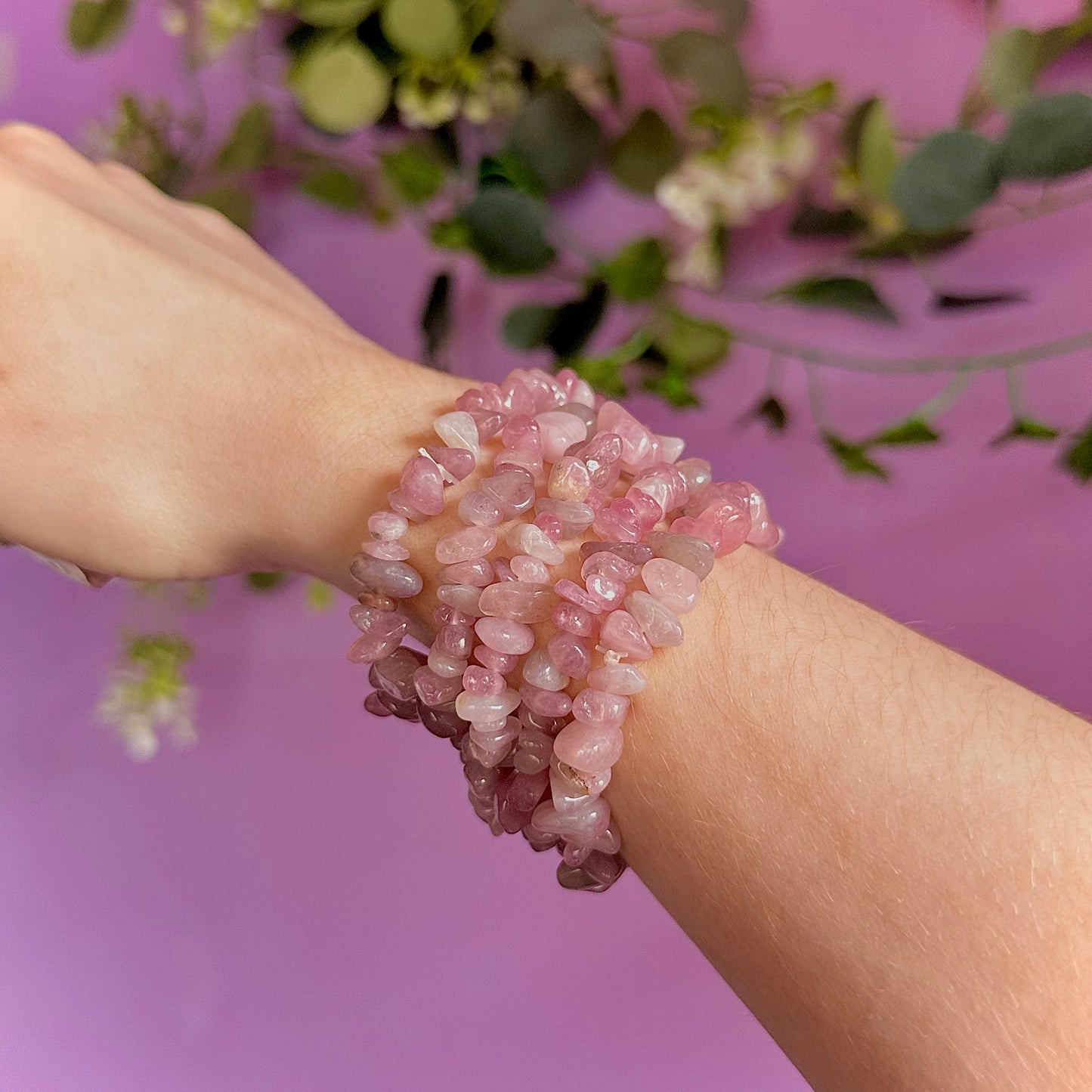 lavender rose quartz chip bracelet