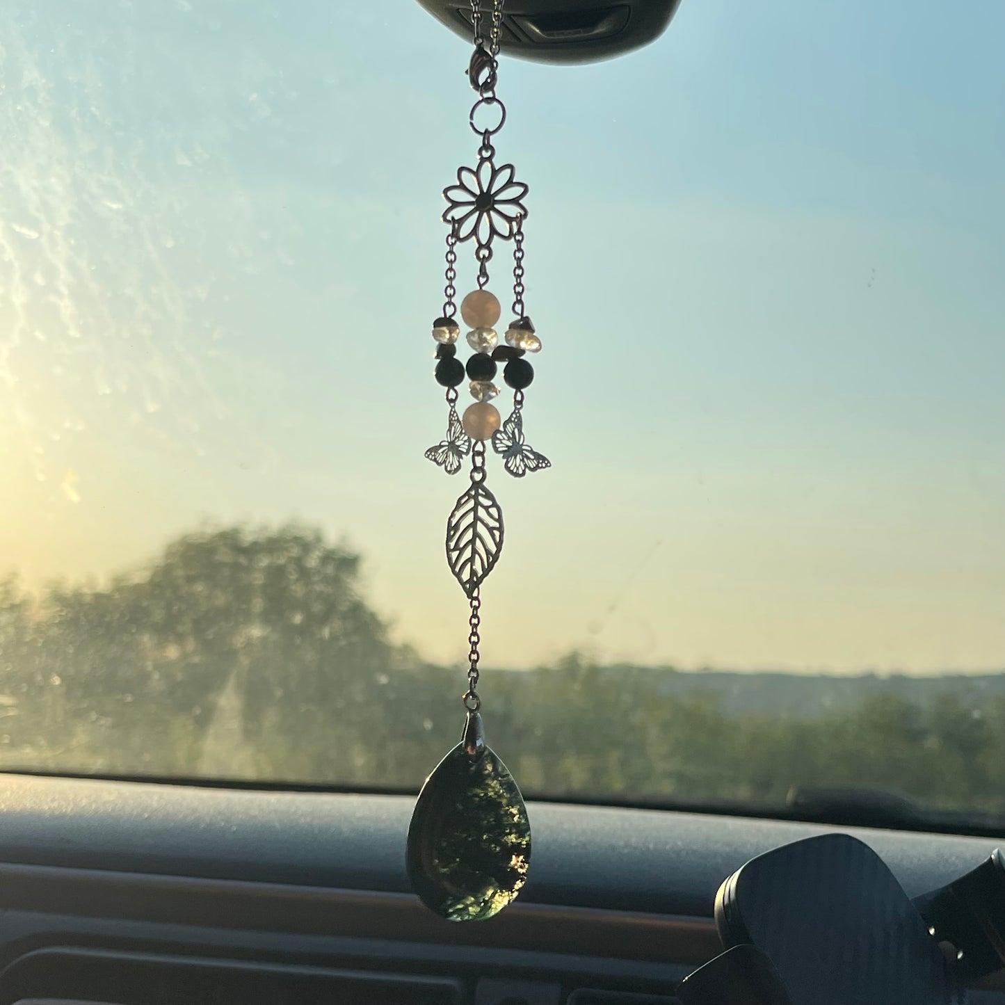 balance car charm - moss agate, unakite, rose quartz & clear quartz