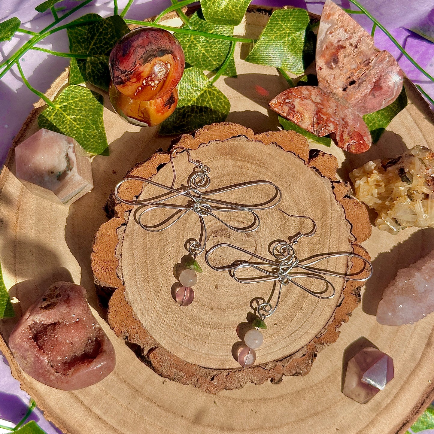 dragonfly earrings ~ tree agate, rose quartz, fluorite on 925 hooks