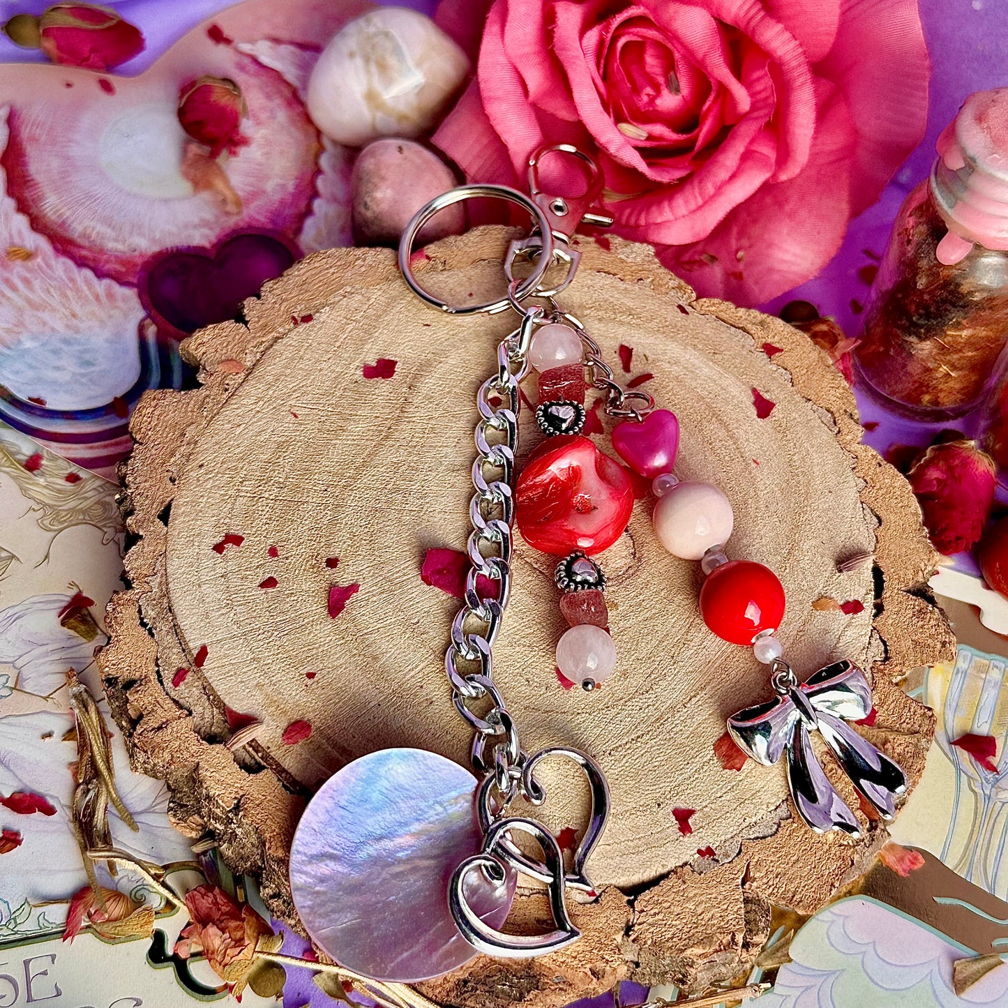 breloque de sac / porte-clés nœud ~ quartz rose et quartz fraise