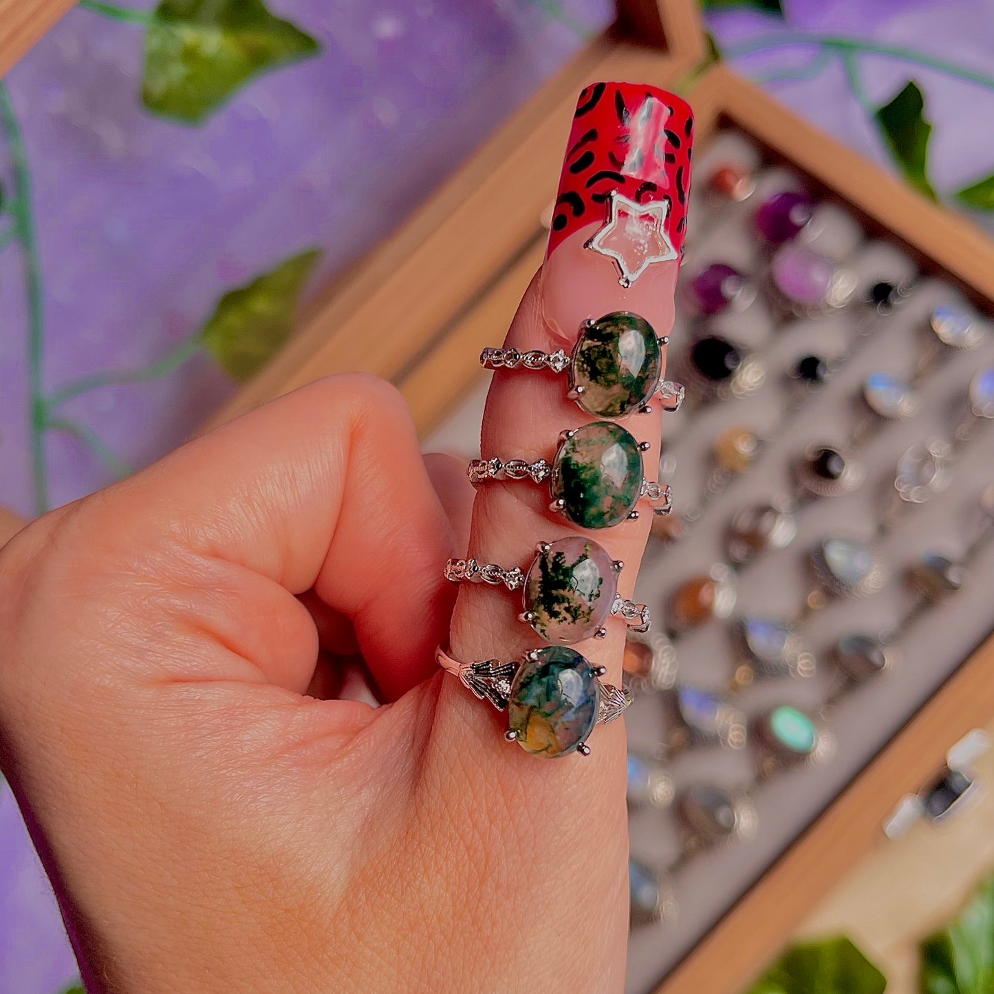 moss agate style B ~ 925 sterling silver adjustable rings / choose your own