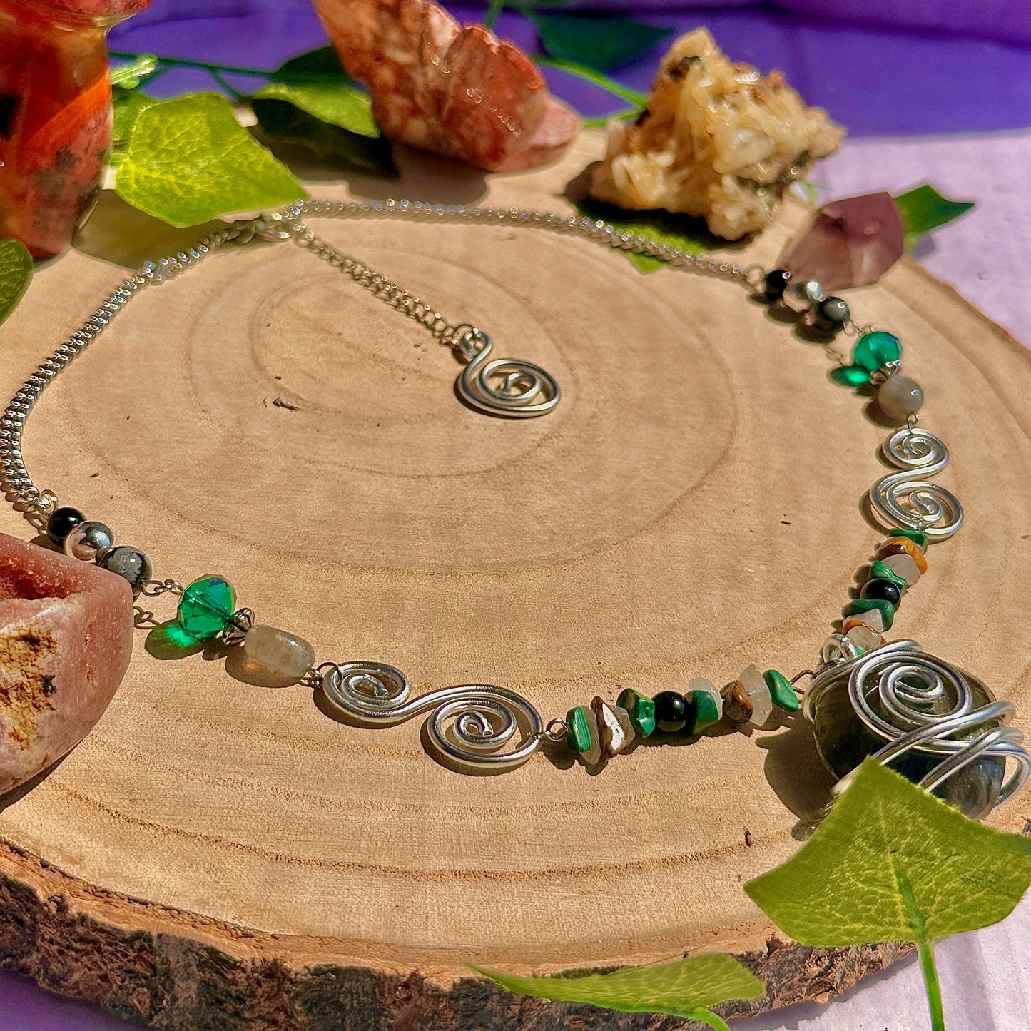 natures transformation necklace ~ labradorite, malachite, obsidian, snowflake obsidian, tigers eye, quartz