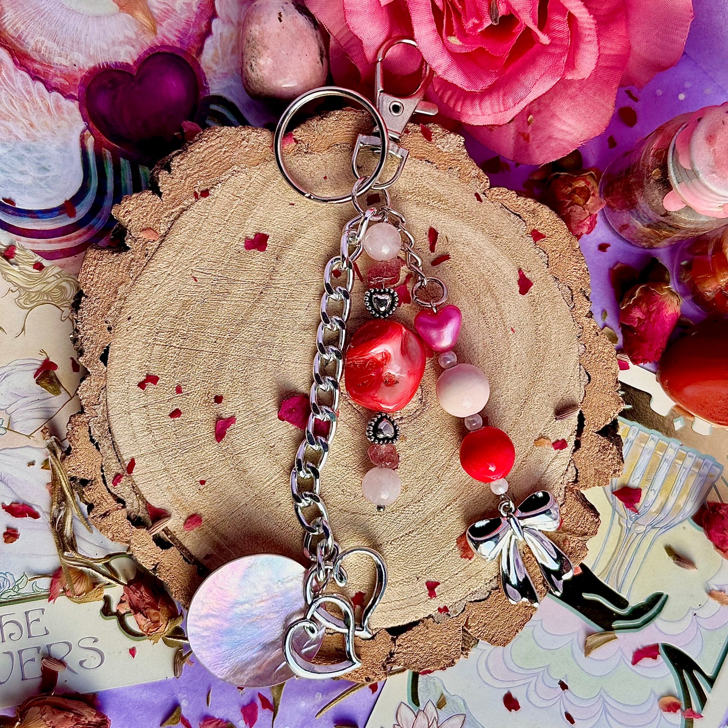 breloque de sac / porte-clés nœud ~ quartz rose et quartz fraise