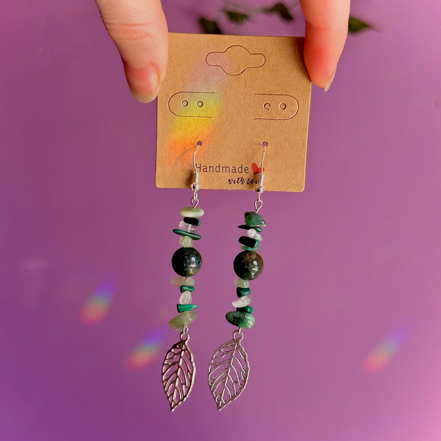 leaf earrings on 925 hooks ~ aventurine, malachite, moss agate, fluorite