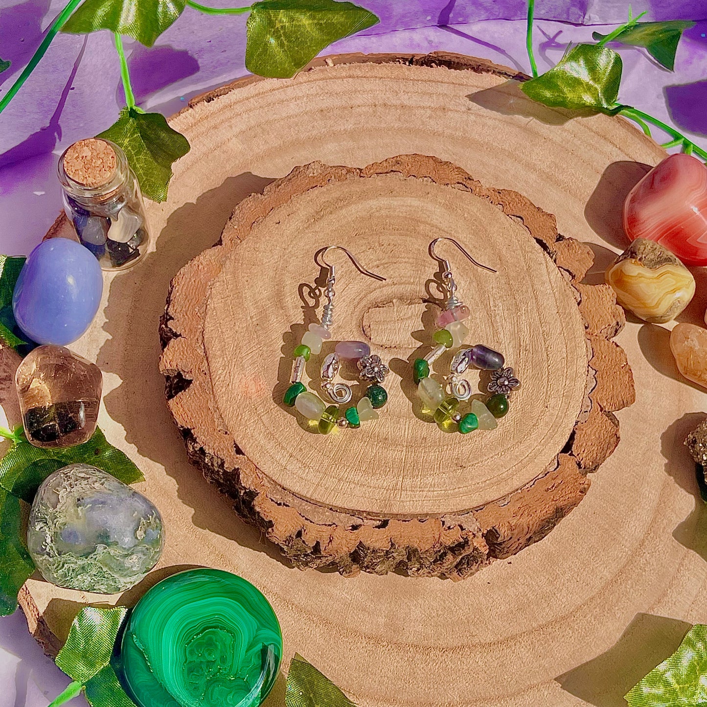 forest spiral earrings ~ fluorite, moss agate, aventurine, new jade & malachite on 925 hooks
