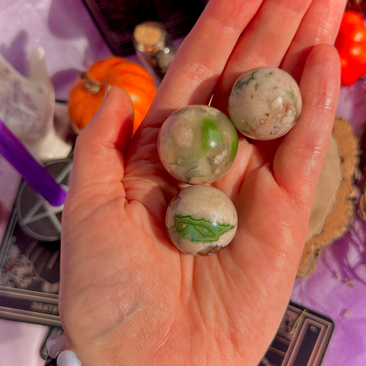 small green flower agate spheres