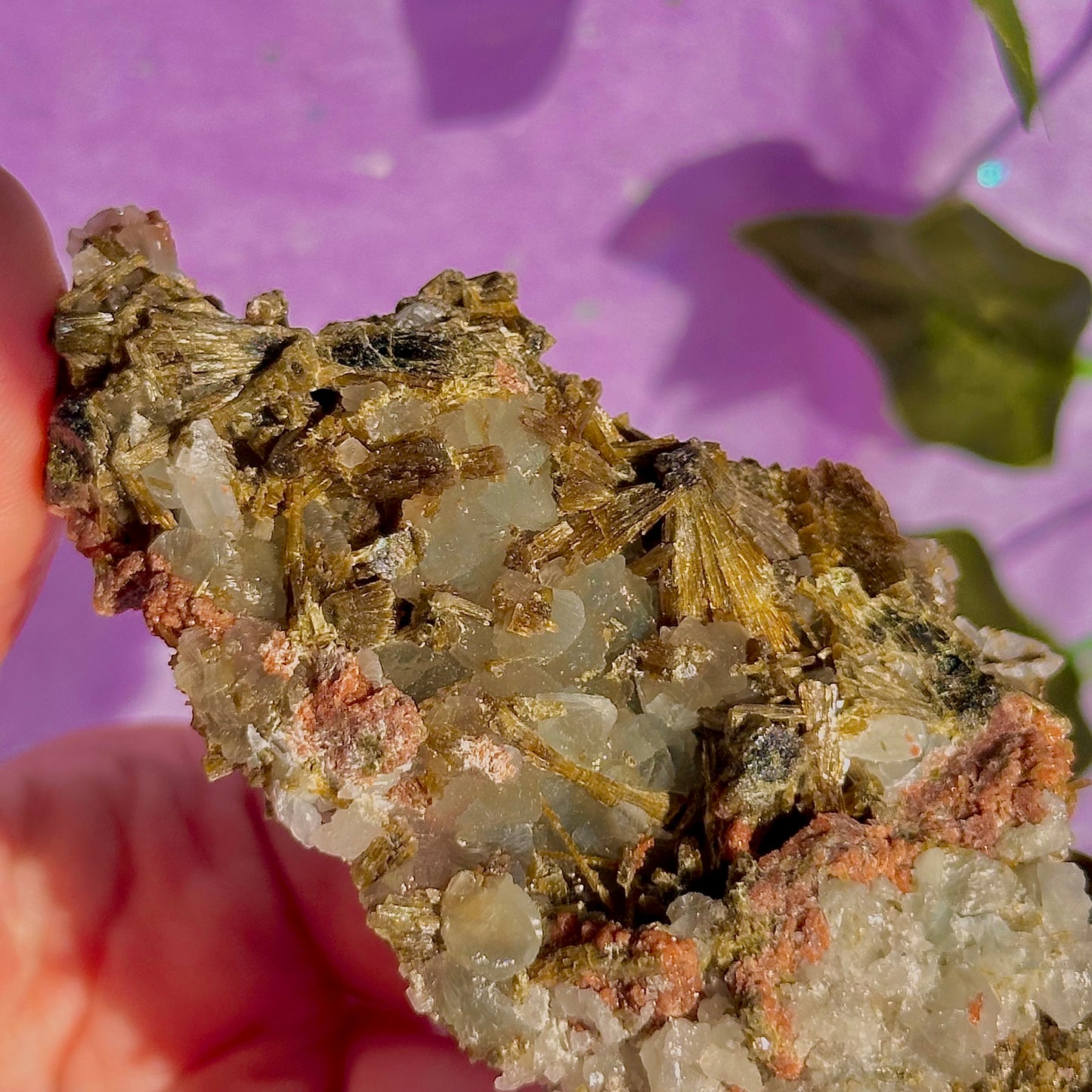 rare spécimen de prehnite, d'épidote forestière et de quartz
