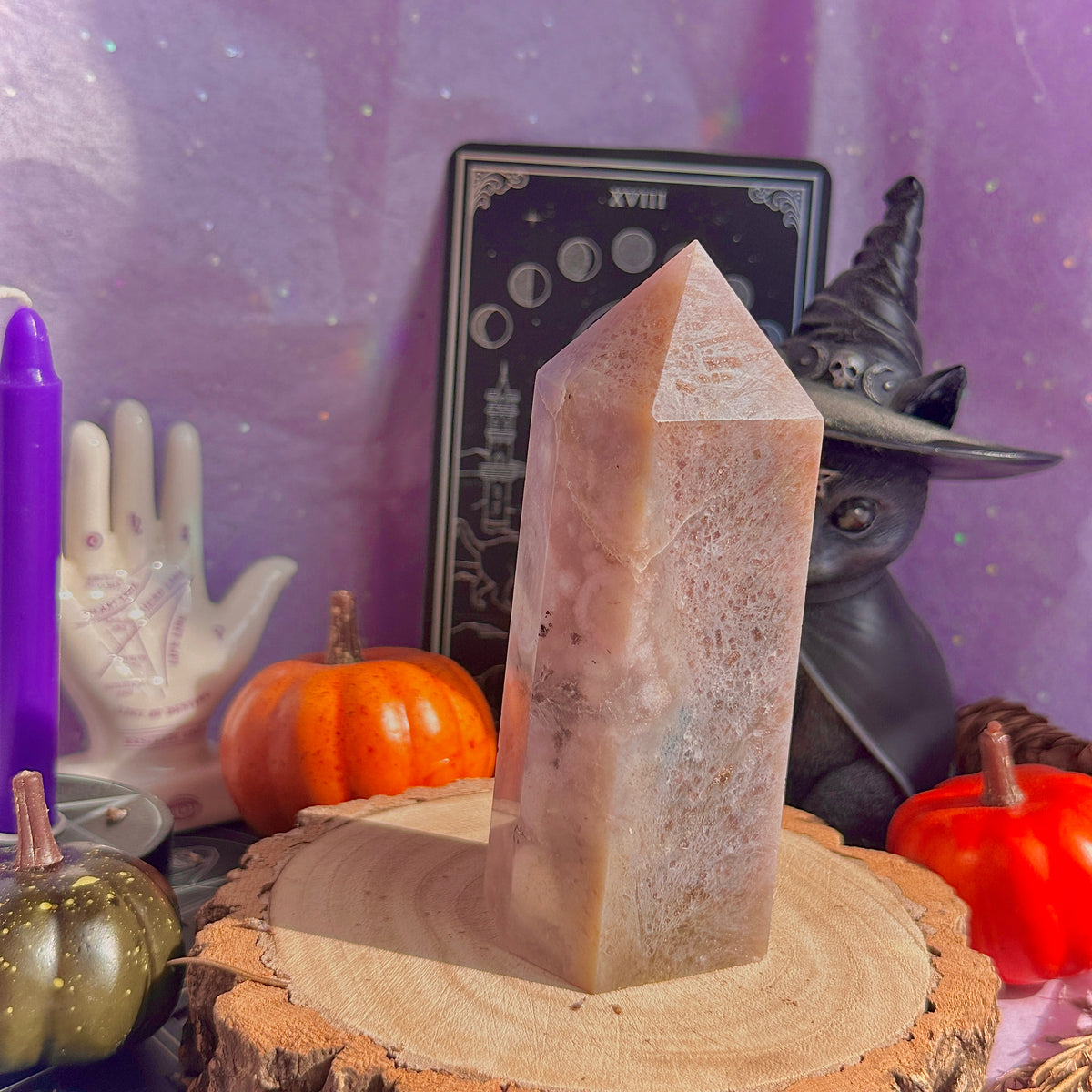 pink amethyst x flower agate chunky tower with dendrites