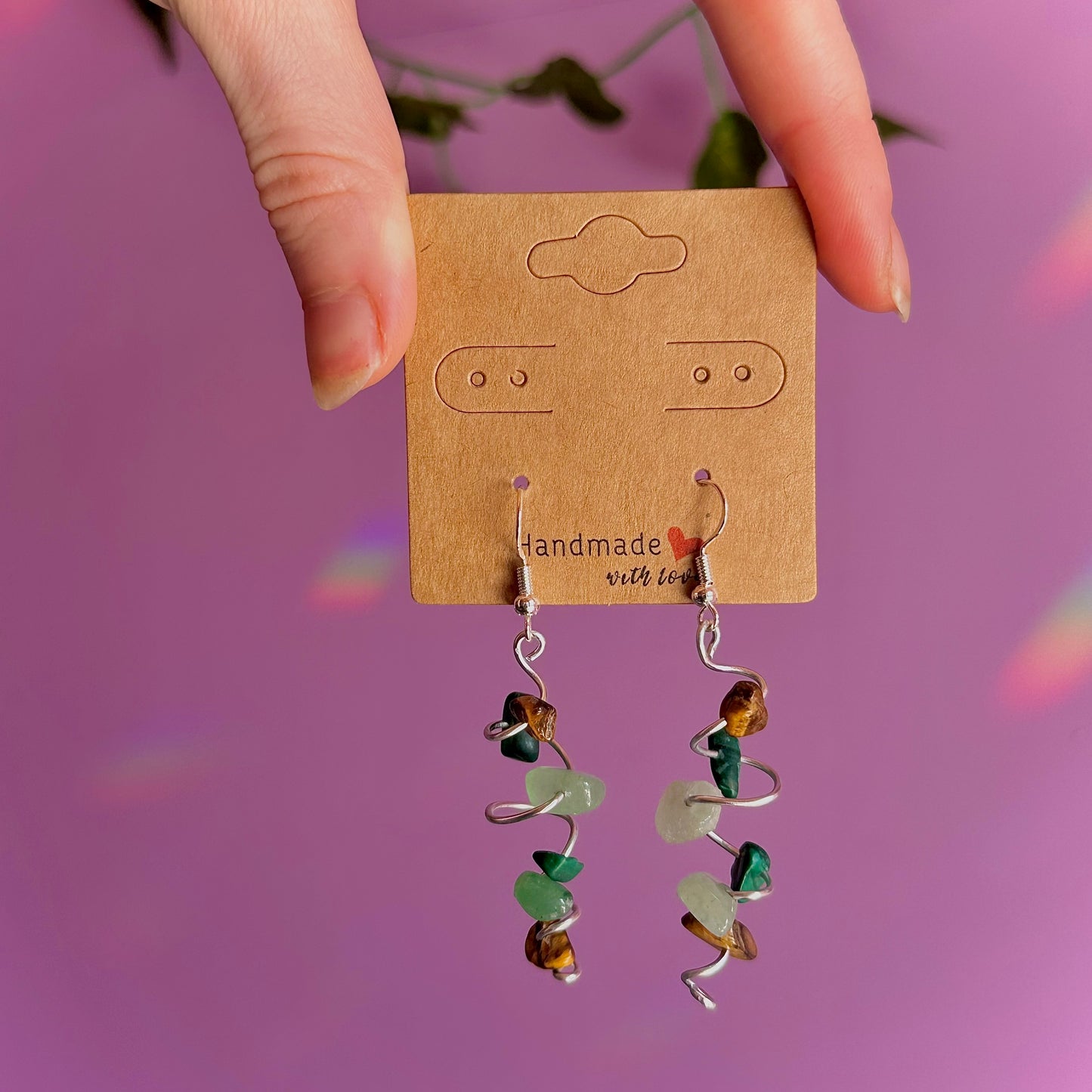 spiral earrings on 925 hooks ~ malachite, tigers eye, aventurine