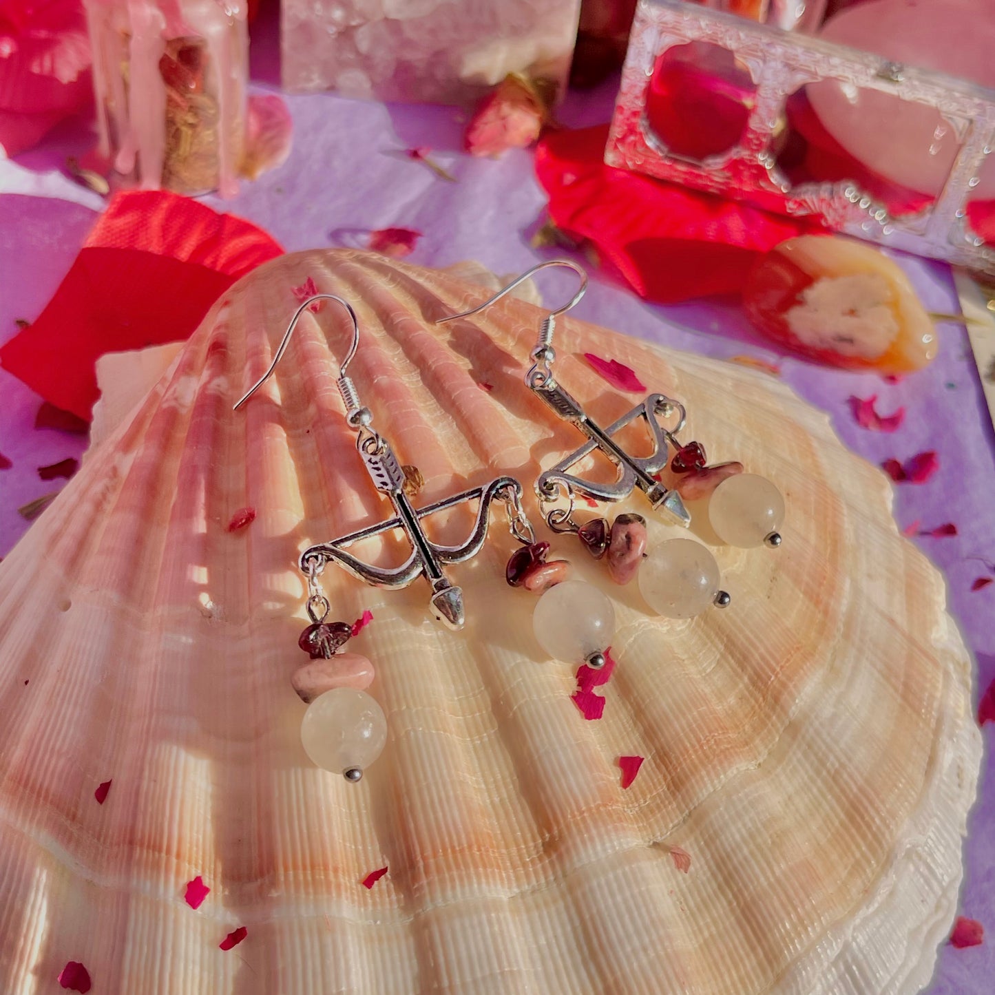 cupid arrows on 925 sterling silver hooks ~ garnet, rhodonite & rose quartz