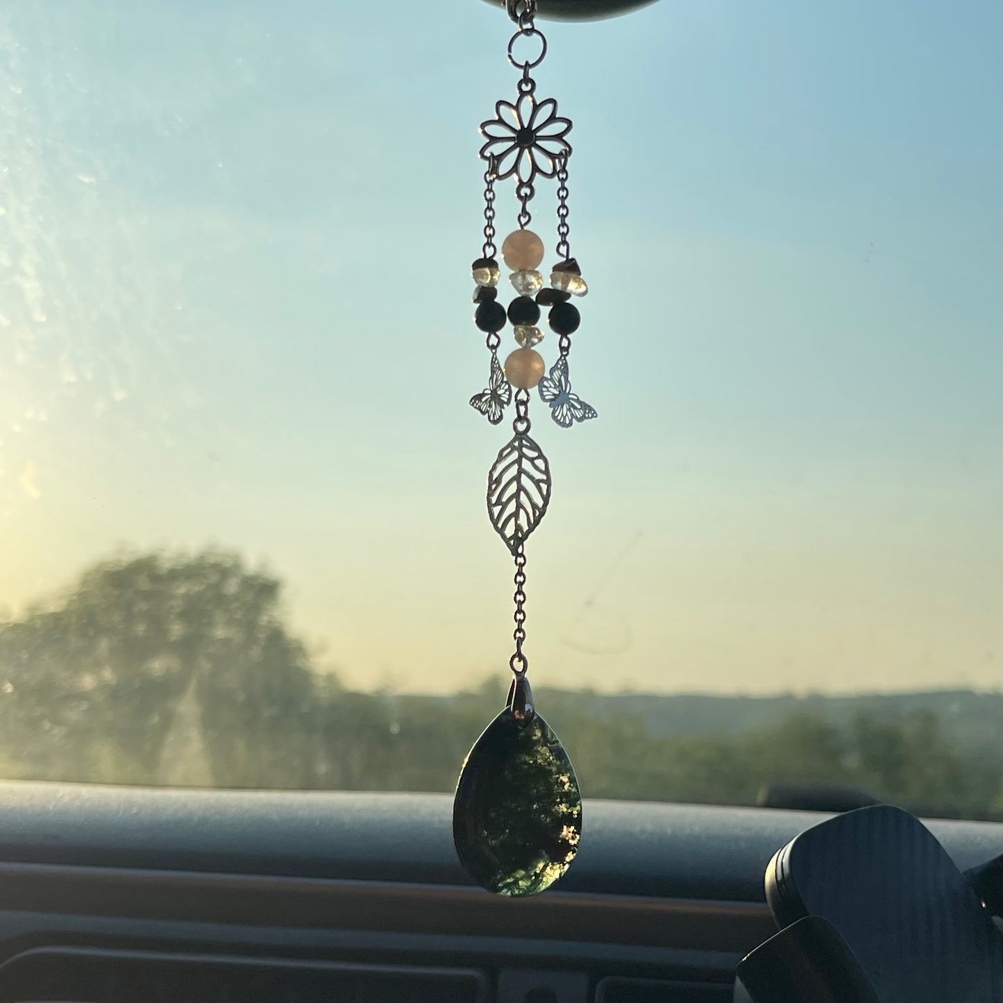 balance car charm - moss agate, unakite, rose quartz & clear quartz