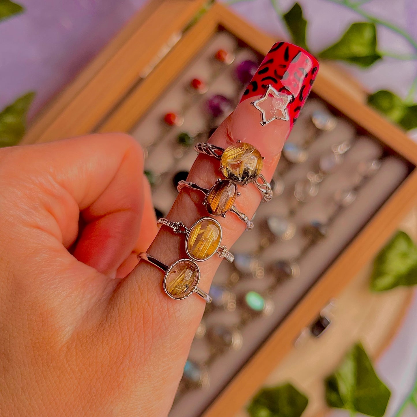 gold rutile quartz style B ~ 925 sterling silver adjustable rings / choose your own