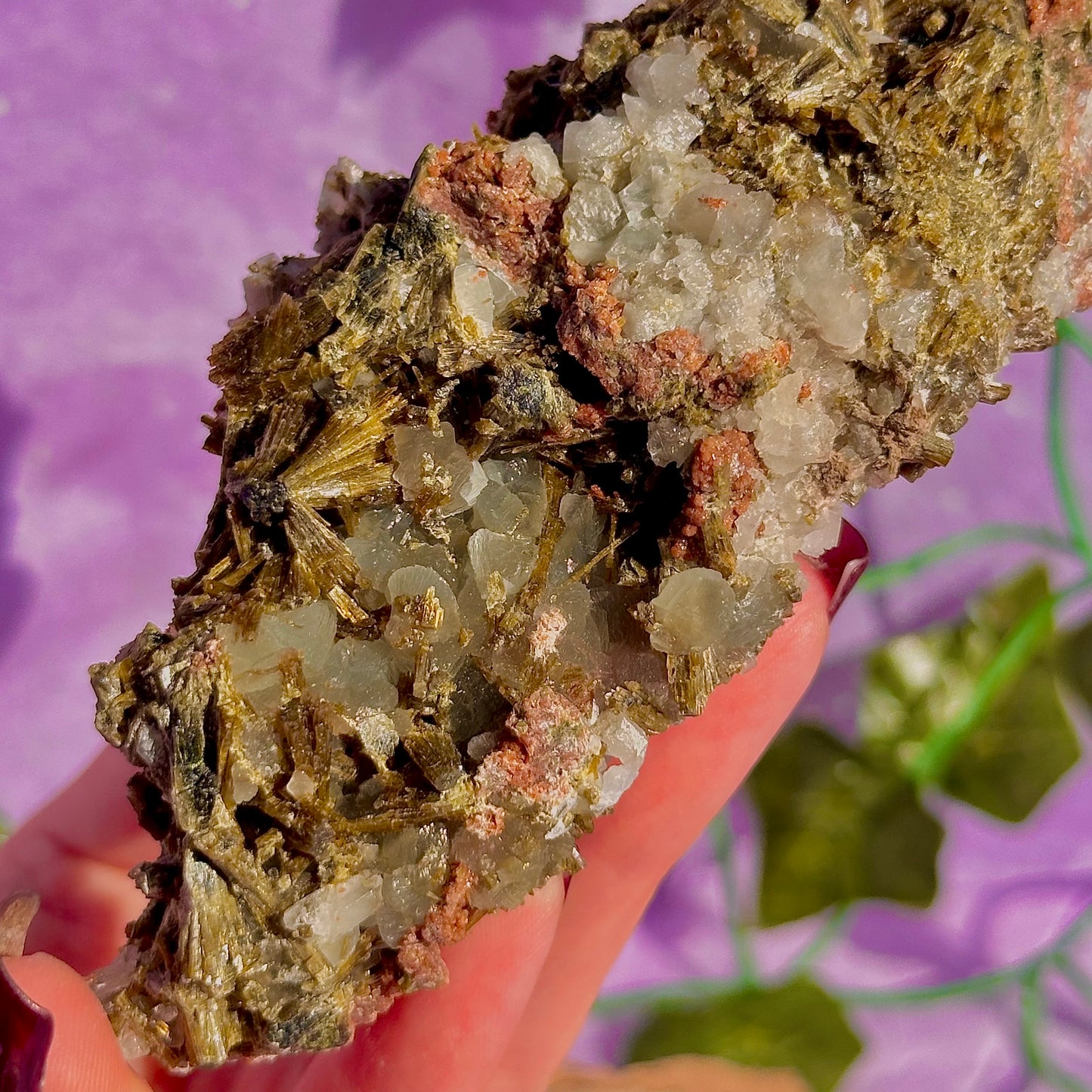 rare spécimen de prehnite, d'épidote forestière et de quartz