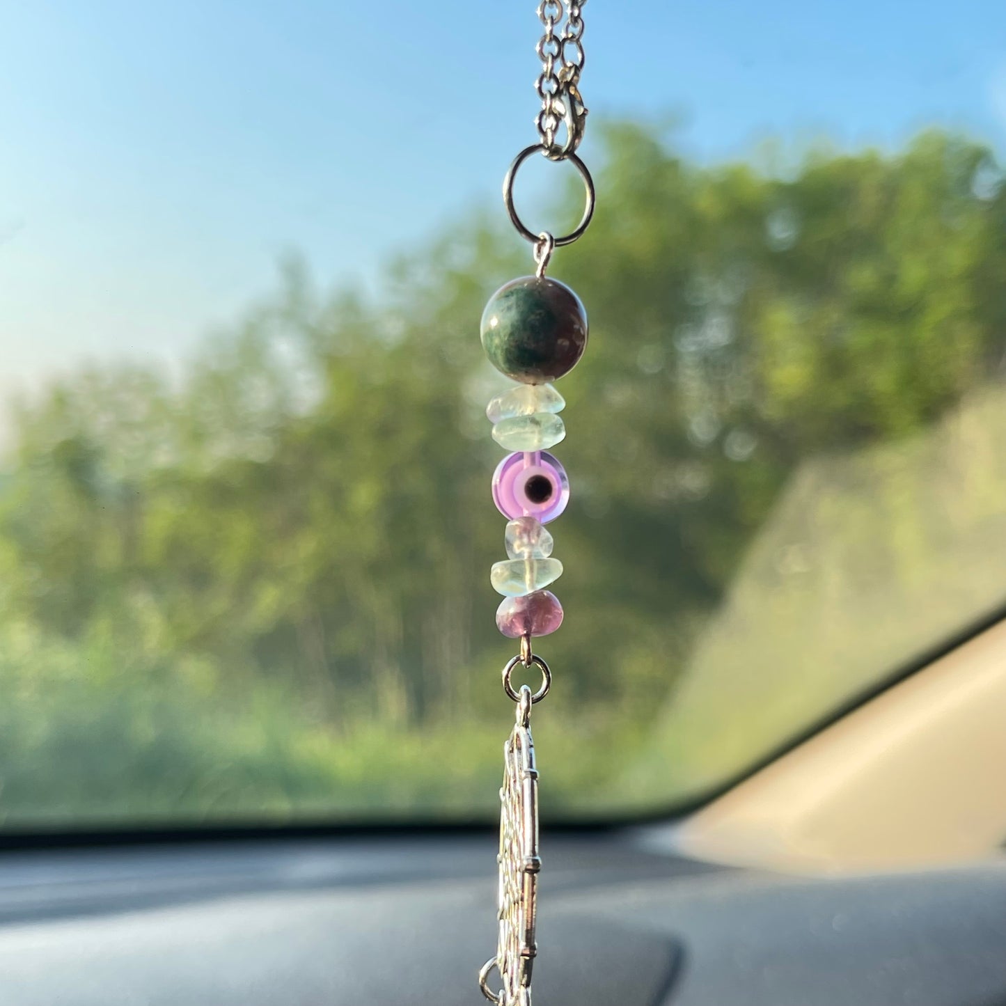 clear mind car charm - fluorite, moss agate & amethyst