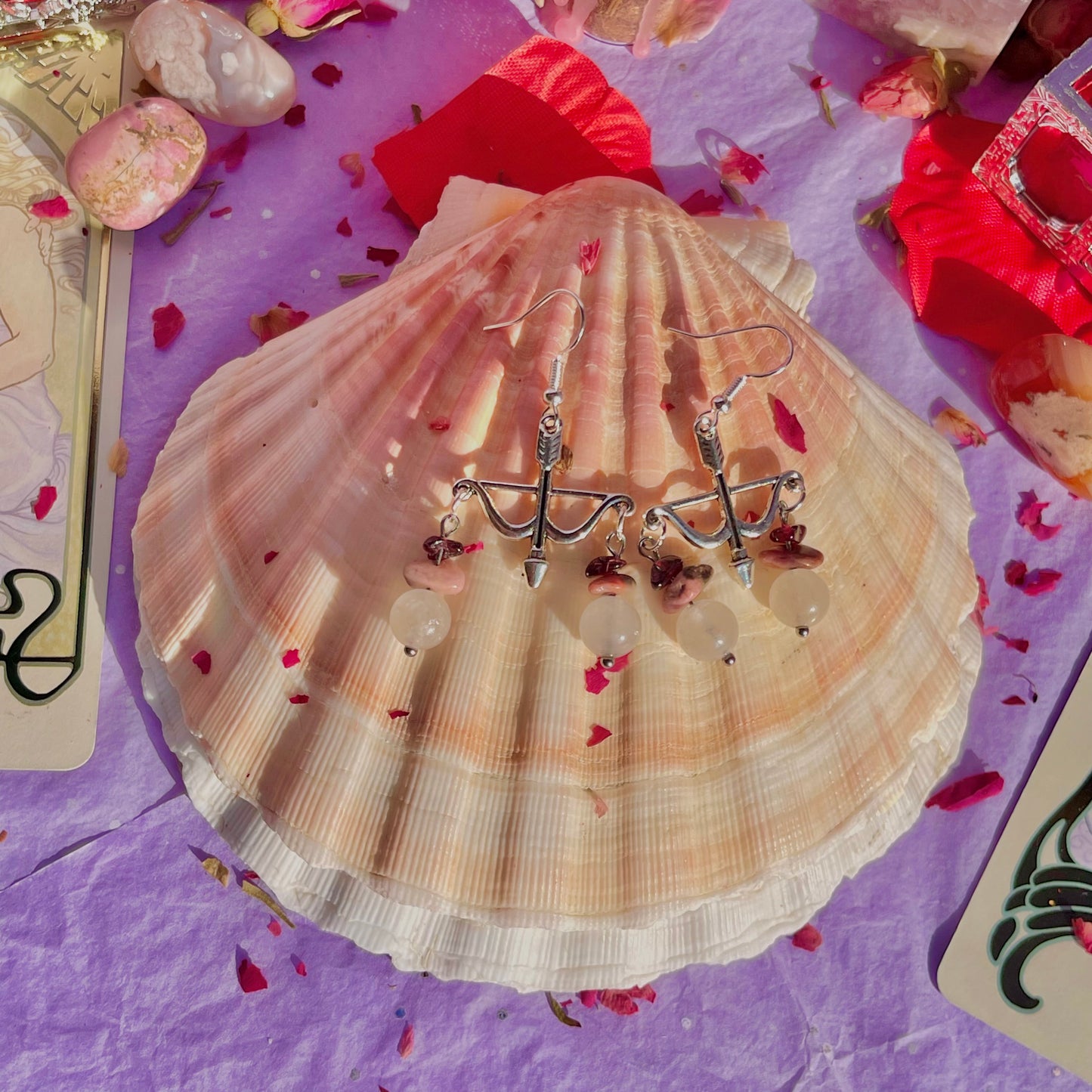 cupid arrows on 925 sterling silver hooks ~ garnet, rhodonite & rose quartz