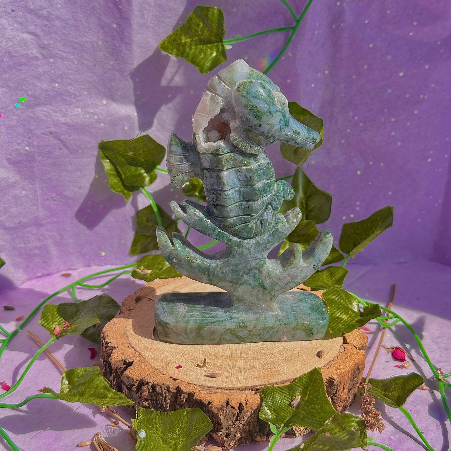 moss agate sea horse carving ~ self standing