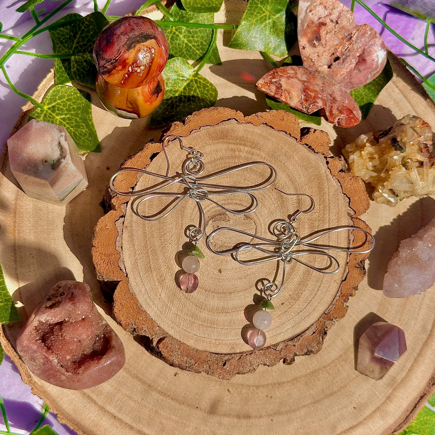 dragonfly earrings ~ tree agate, rose quartz, fluorite on 925 hooks