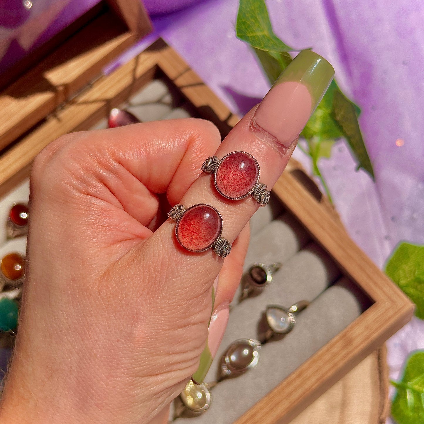 strawberry quartz 925 sterling silver adjustable ring ~ style b