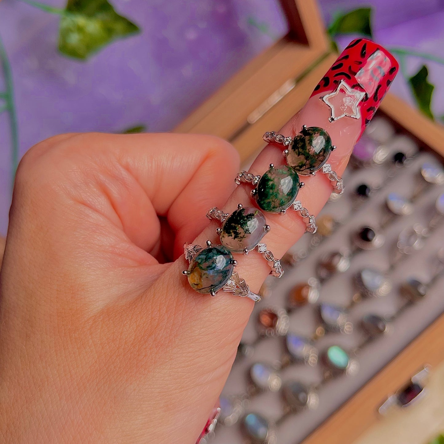 moss agate style B ~ 925 sterling silver adjustable rings / choose your own