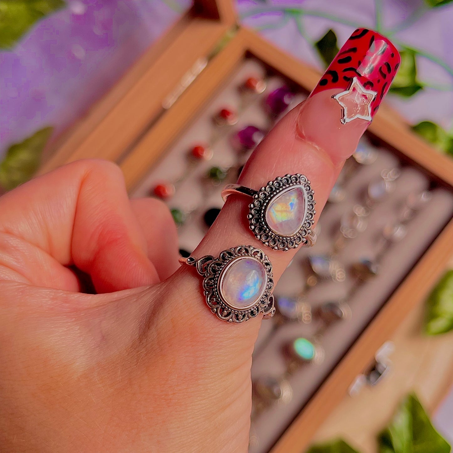 rainbow moonstone style C ~ 925 sterling silver adjustable rings / choose your own