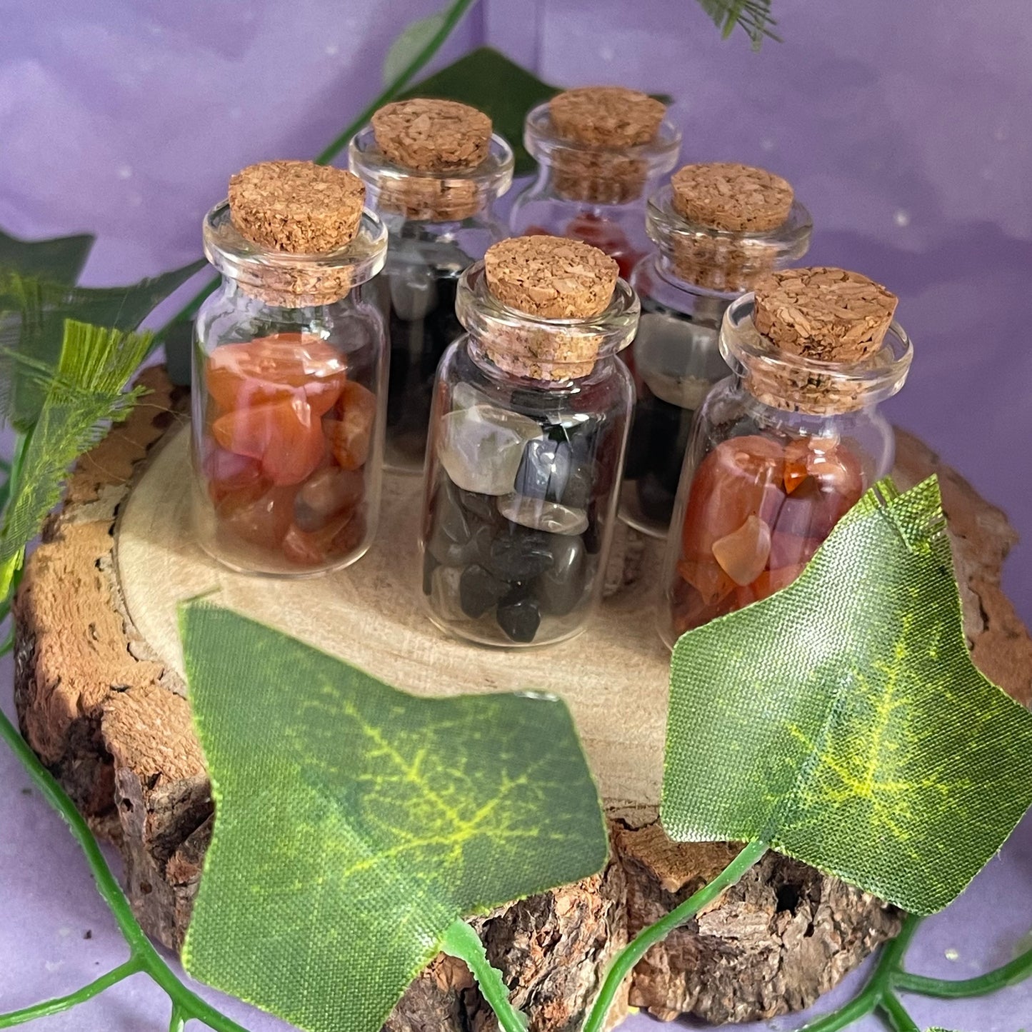 crystal vials - carnelian, black tourmaline & black moonstone