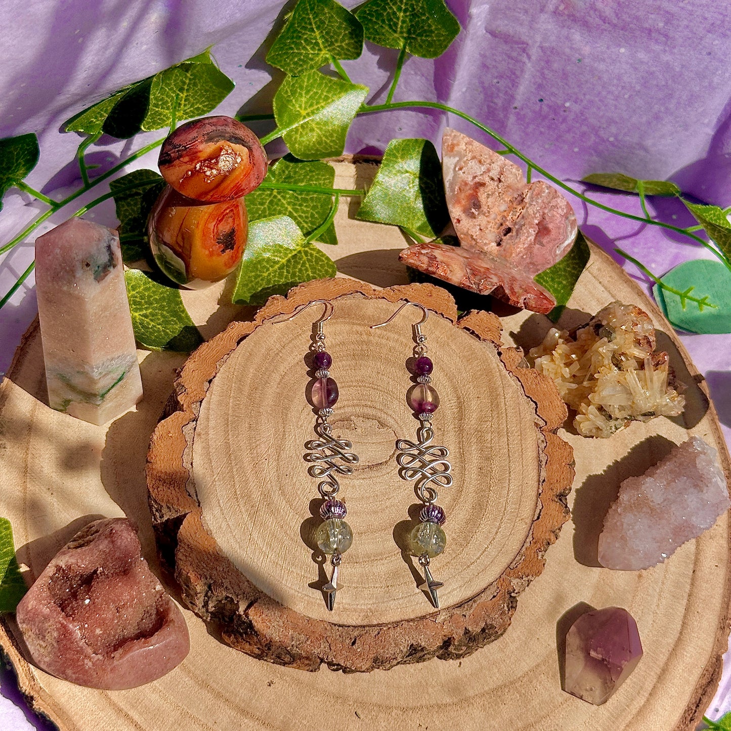 sunset lanterns earrings ~ amethyst, fluorite on 925 hooks