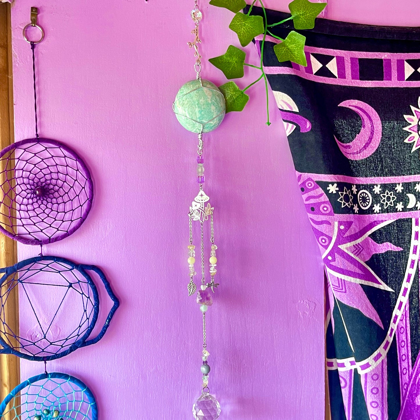 the magick tree sun catcher - amazonite, fluorite, amethyst, calcite, clear quartz, citrine & angelite