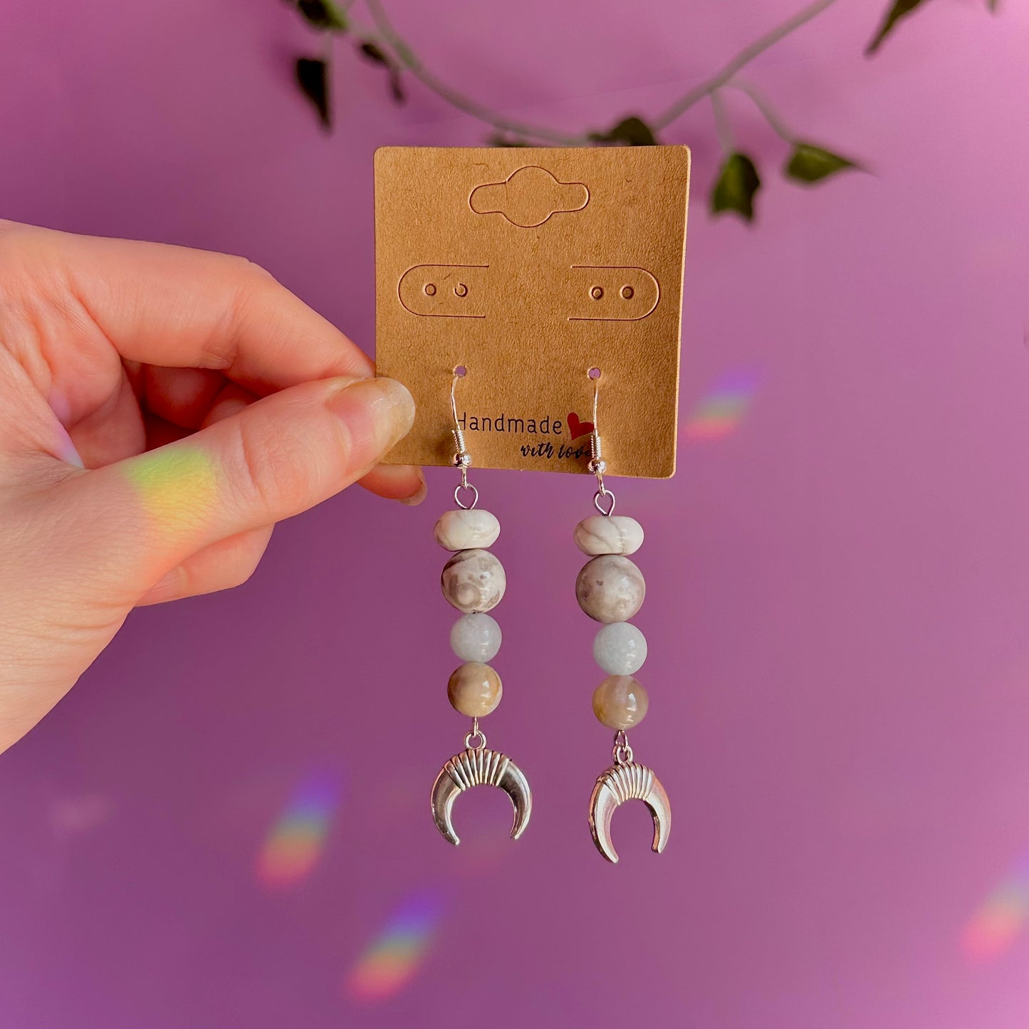 moon earrings on 925 hooks ~ howlite, crazy lace agate, aquamarine, mookaite