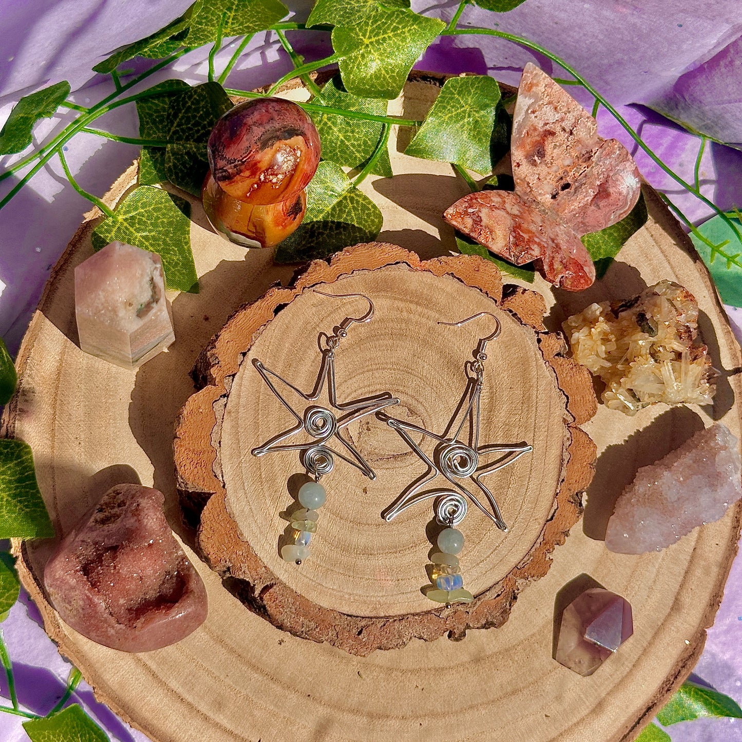 star spirals earrings ~ aquamarine, opalite, citrine, olive jade on 925 hooks