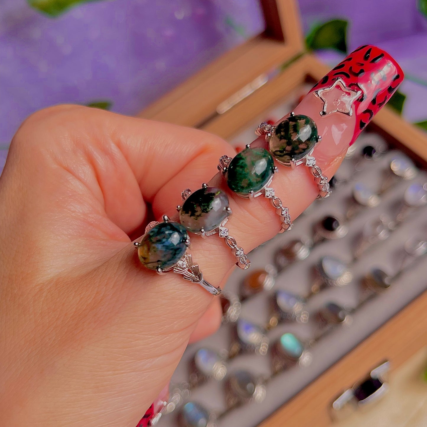 moss agate style B ~ 925 sterling silver adjustable rings / choose your own