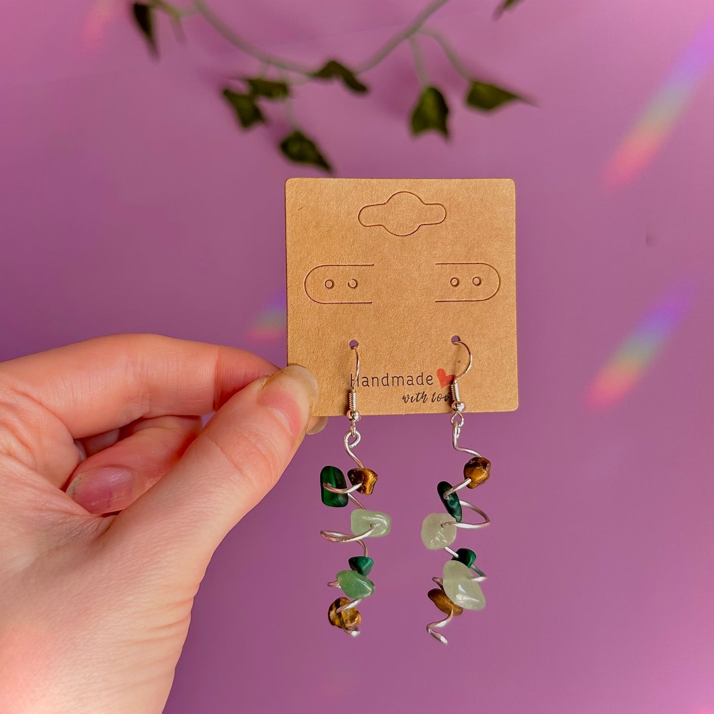 spiral earrings on 925 hooks ~ malachite, tigers eye, aventurine