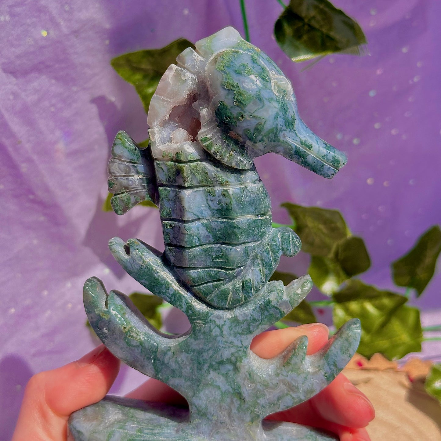 moss agate sea horse carving ~ self standing