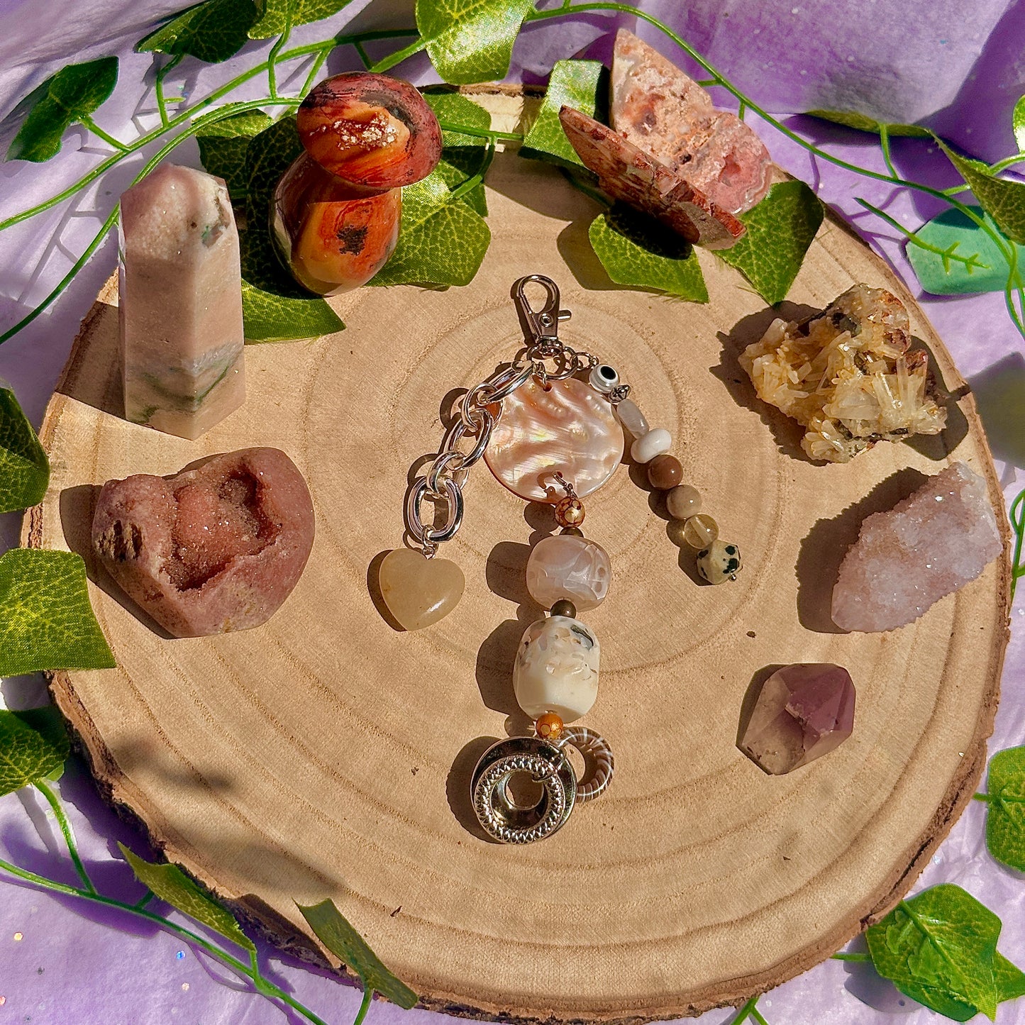 natural bag charm ~ dalmatian jasper, mookaite, ocean jasper, howlite, labradorite & orange aventurine