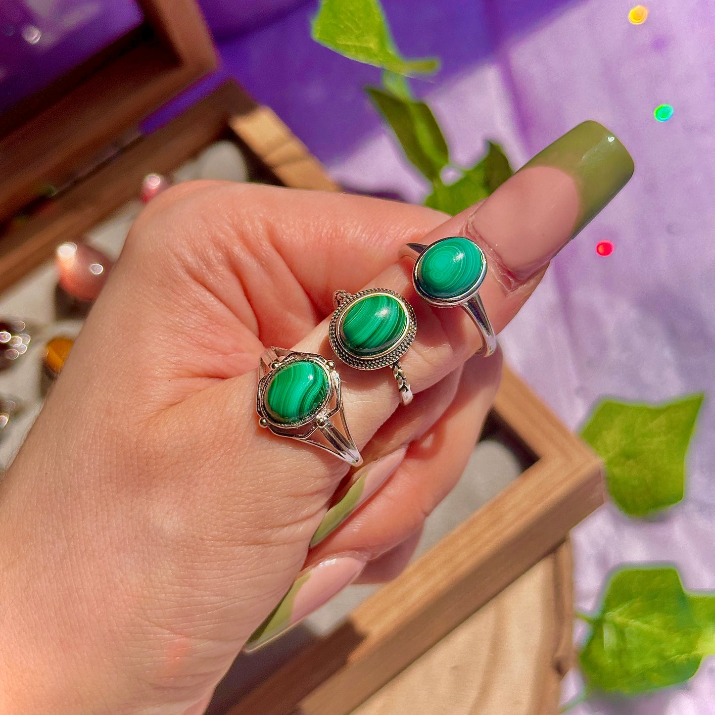 malachite 925 sterling silver adjustable ring
