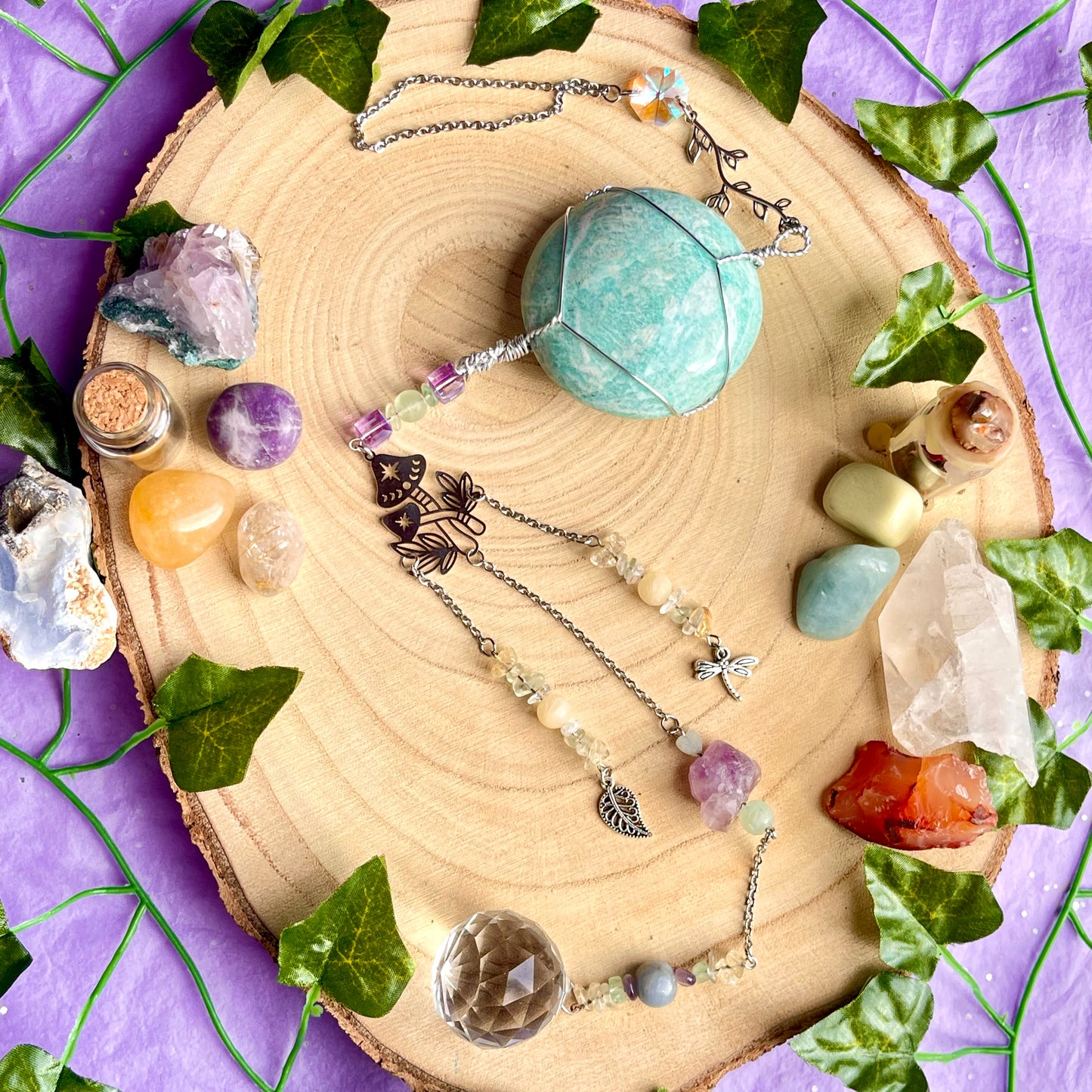 the magick tree sun catcher - amazonite, fluorite, amethyst, calcite, clear quartz, citrine & angelite
