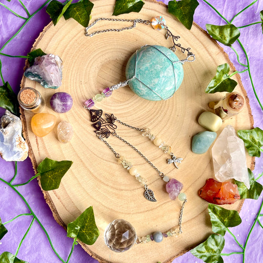 the magick tree sun catcher - amazonite, fluorite, amethyst, calcite, clear quartz, citrine & angelite