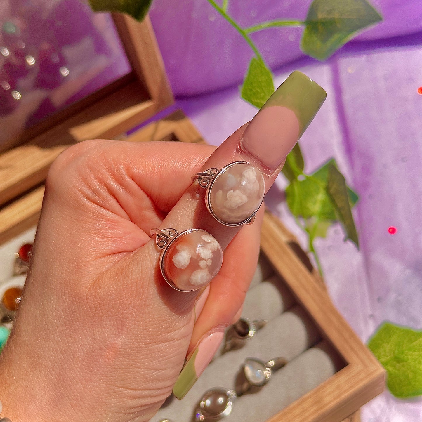 flower agate 925 sterling silver adjustable ring