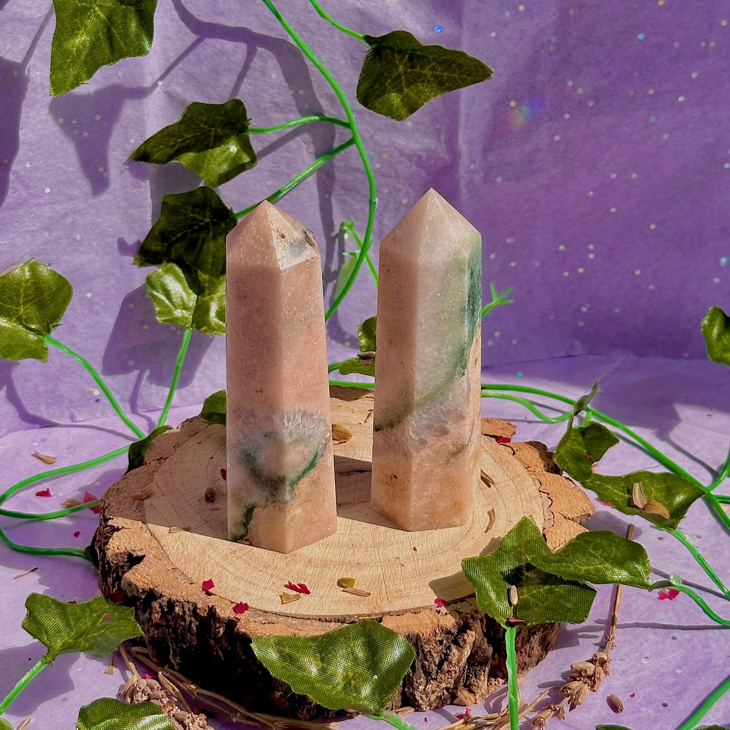 pink amethyst with green jasper towers ~ intuitively chosen