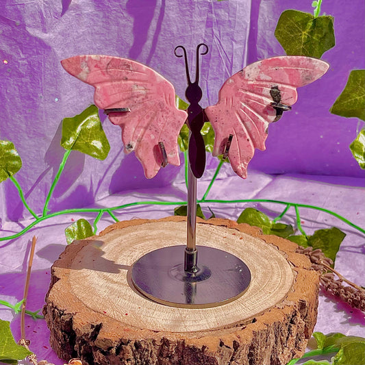 rhodonite butterfly wings on stand