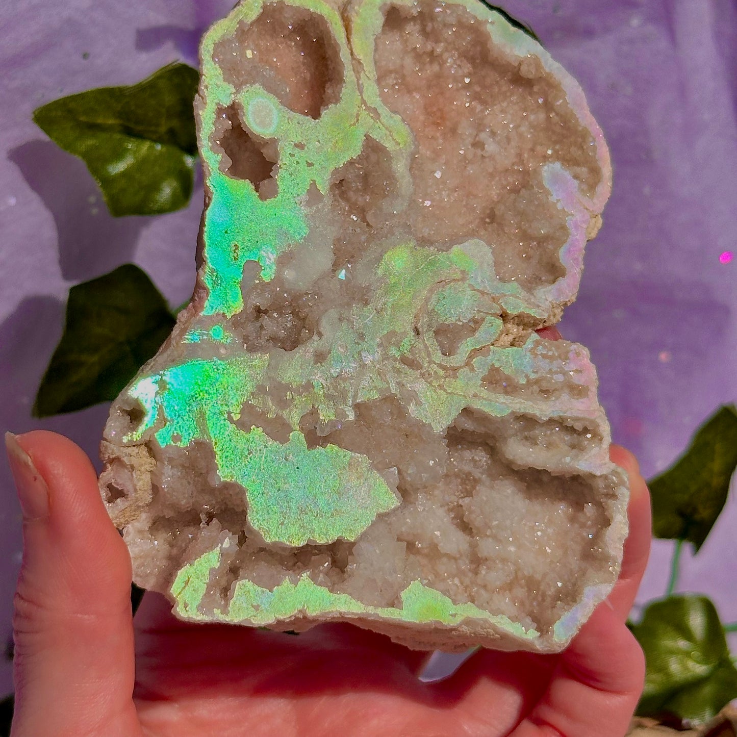aura druzy quartz geode with stand