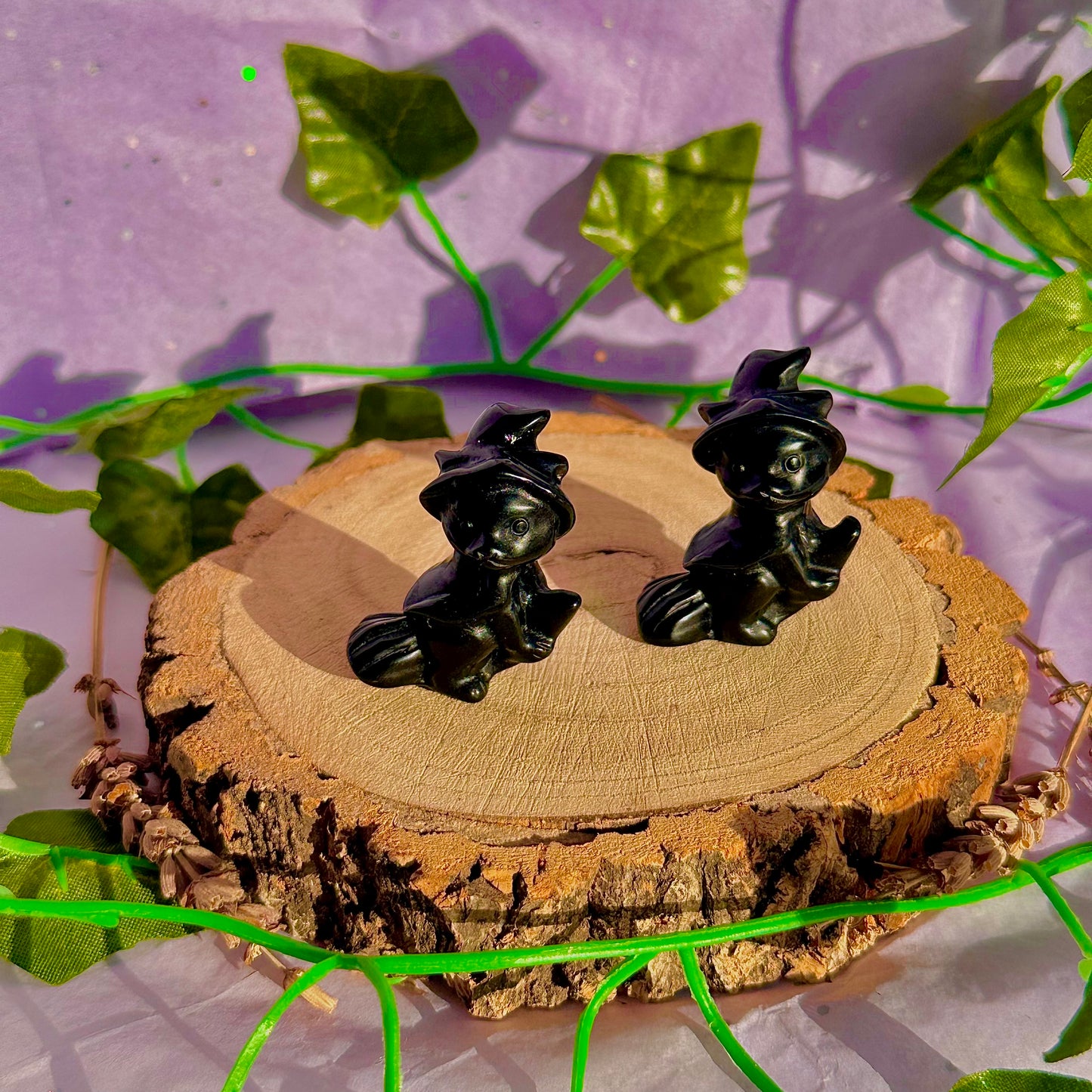 black obsidian cat on broom carving ~ intuitively chosen