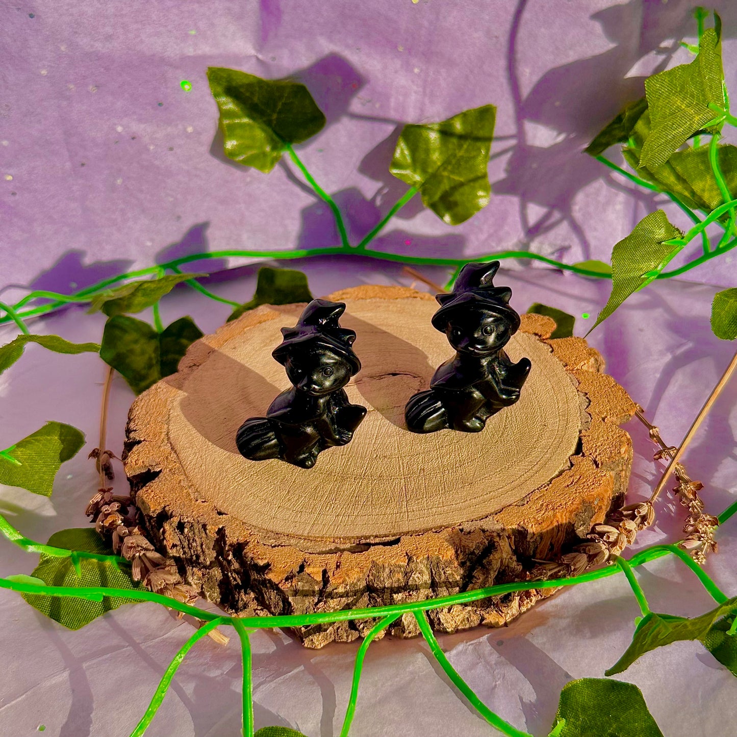 black obsidian cat on broom carving ~ intuitively chosen