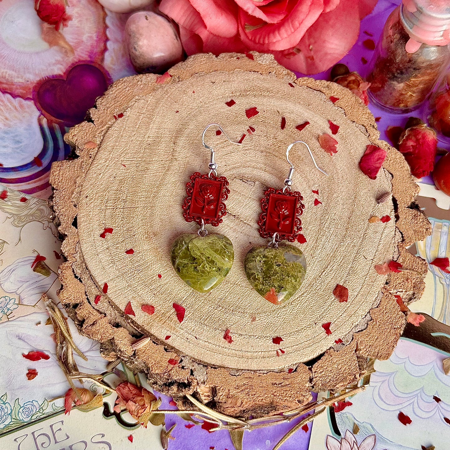 boucles d'oreilles cadre en unakite rose ~ argent massif sur crochets 925