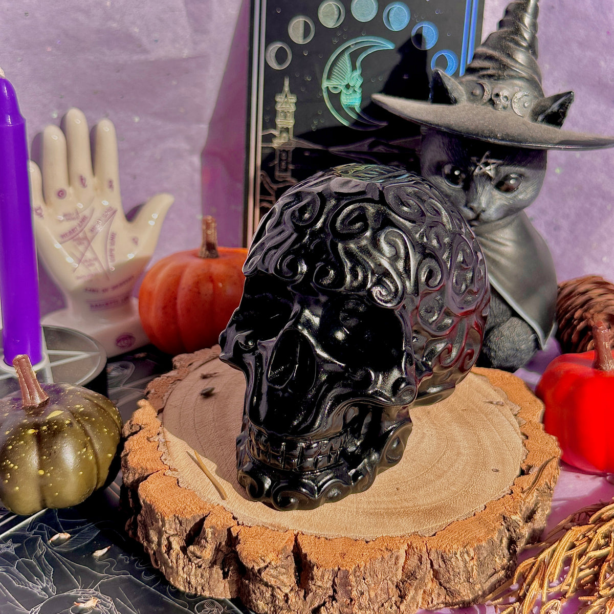 obsidian flower skull carving