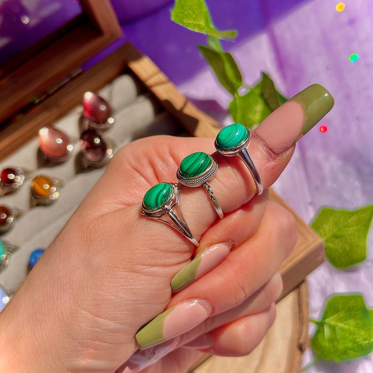 malachite 925 sterling silver adjustable ring